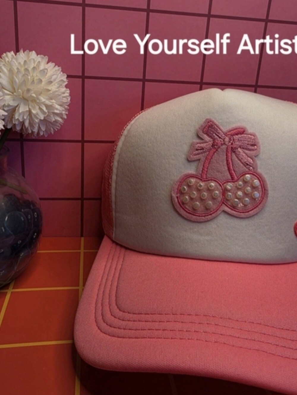 90s Inspired Coquette Pink Cherry Bow Trucker Hat with Pearls & Heart Detail - Picture 2 of 6